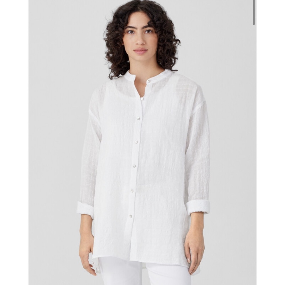 Eileen Fisher Linen Cotton Sheer Check Mandarin Collar Shirt